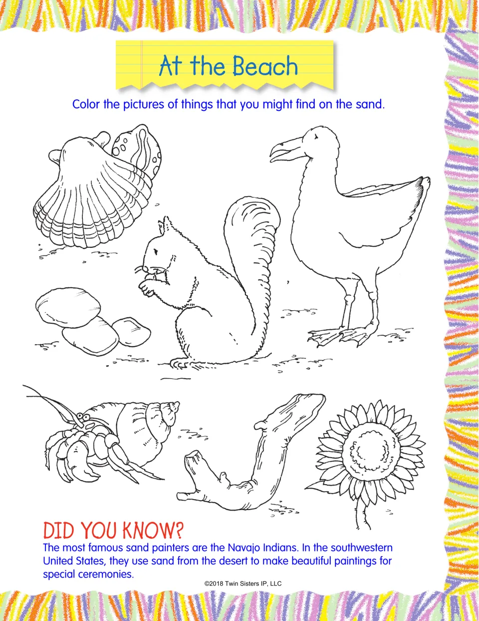 At the Beach coloring page: students color a shell, seabird, squirrel, rocks, hermit crab, driftwood and a sunflower