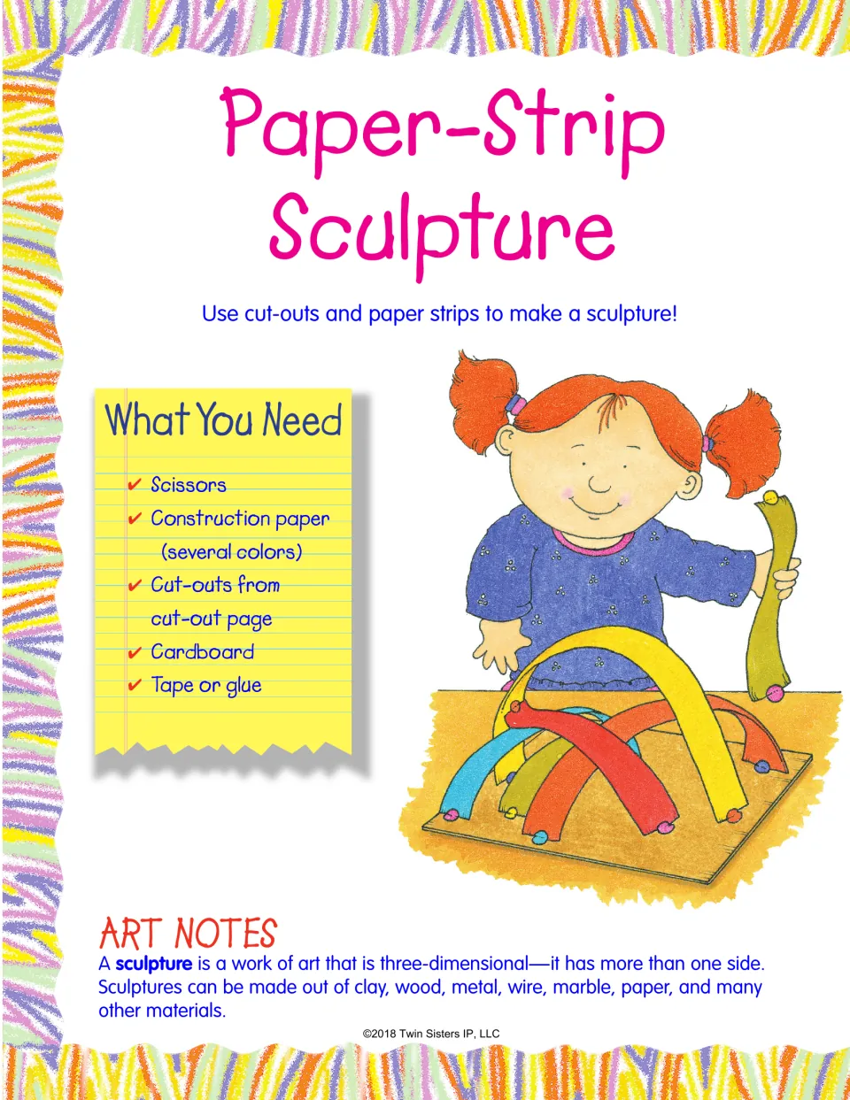 Paper-strip sculpture materials: scissors, construction paper, cut-outs, cardboard and tape, with a note on 3-D art