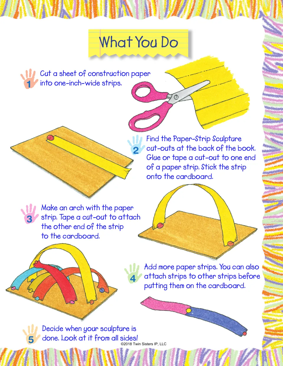 Building a paper-strip sculpture in five steps: cut strips, attach cut-outs, form arches on cardboard and add more strips