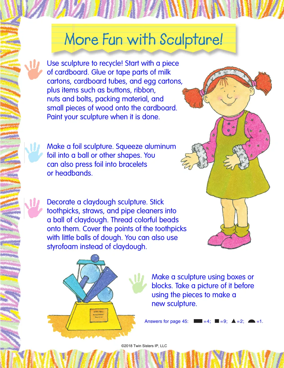 More sculpture ideas: recycled-material collage, foil shapes, a beaded claydough sculpture and a box or block sculpture