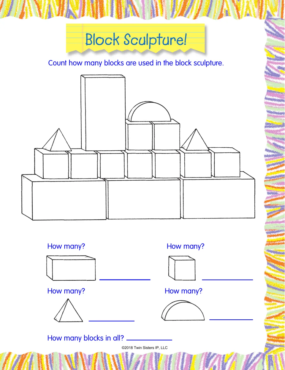 Block Sculpture counting page: students count the rectangular blocks, cubes, pyramids and half circles, then the total