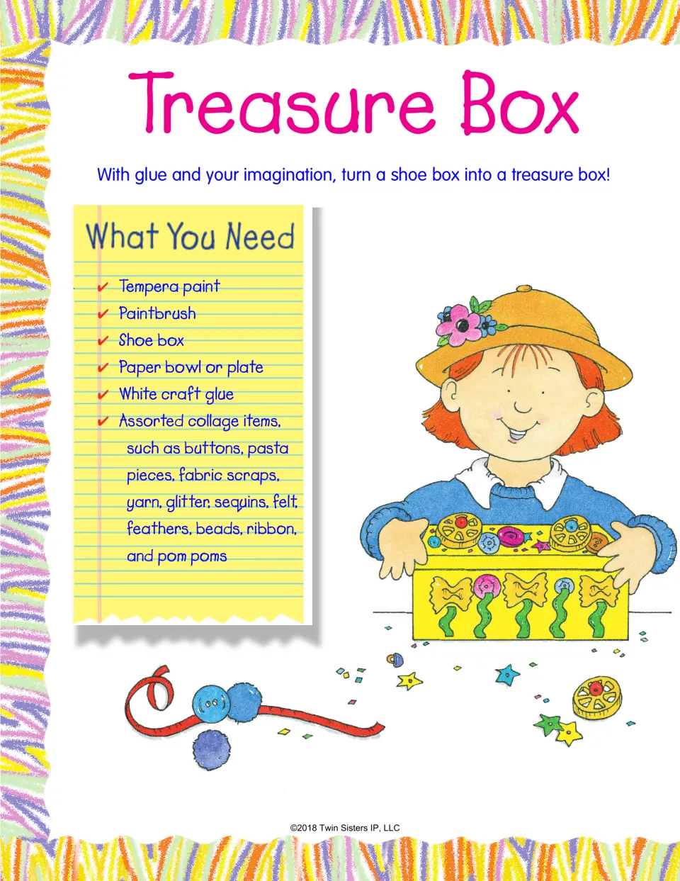 Treasure box craft: turn a shoe box into a treasure box with paint, glue and collage items like buttons, pasta and beads