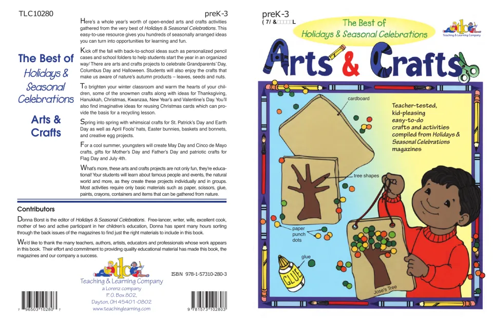 Front and back cover of a preK-3 crafts book from magazine issues: a boy holds a paper-punch dot tree craft