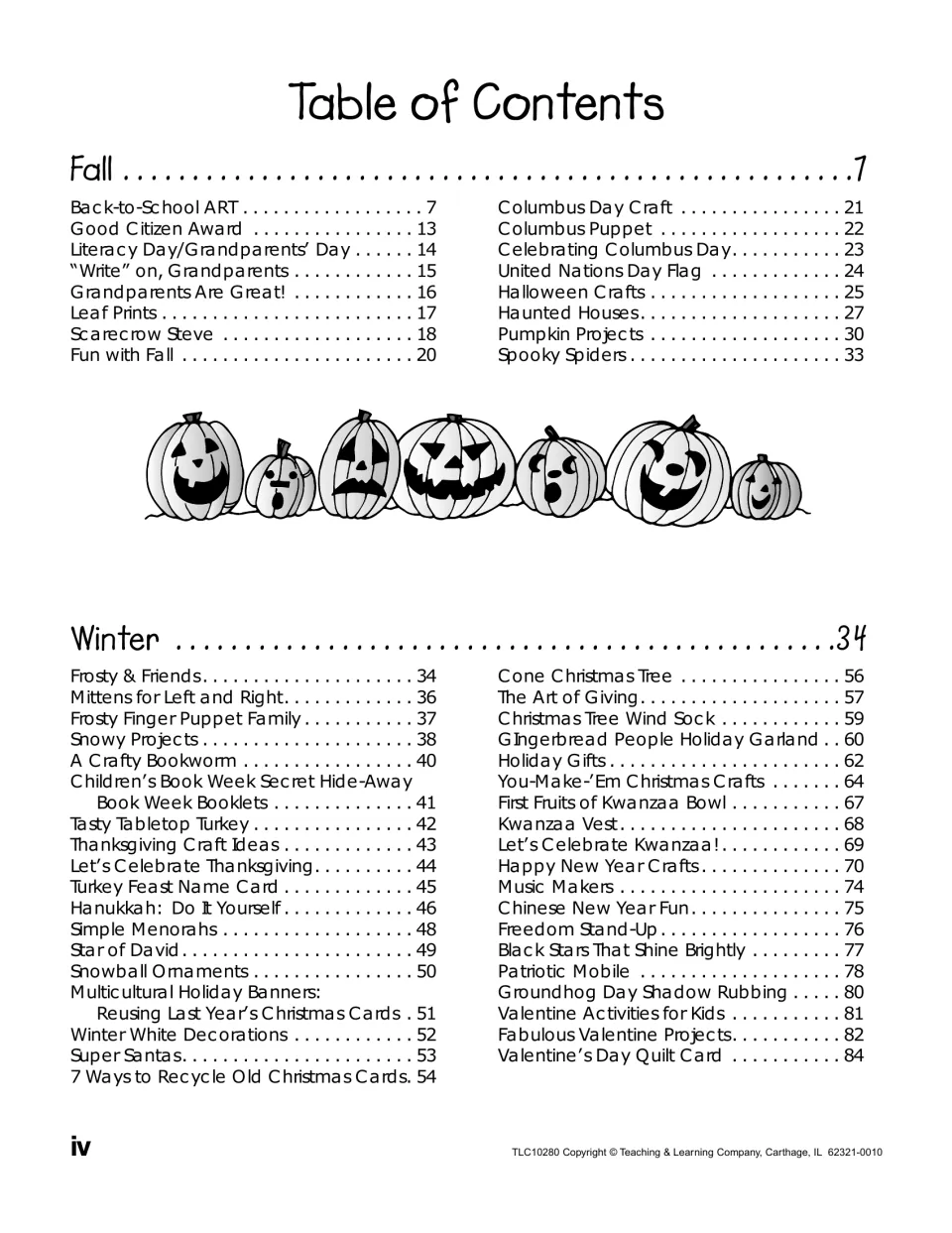 Table of contents for fall and winter crafts, from Back-to-School Art and Halloween to Kwanzaa and Valentine's Day