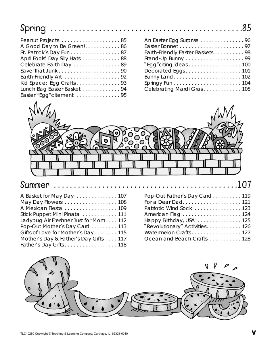 Contents for spring and summer crafts, including St. Patrick's Day, Earth Day, Easter, May Day and Mother's Day