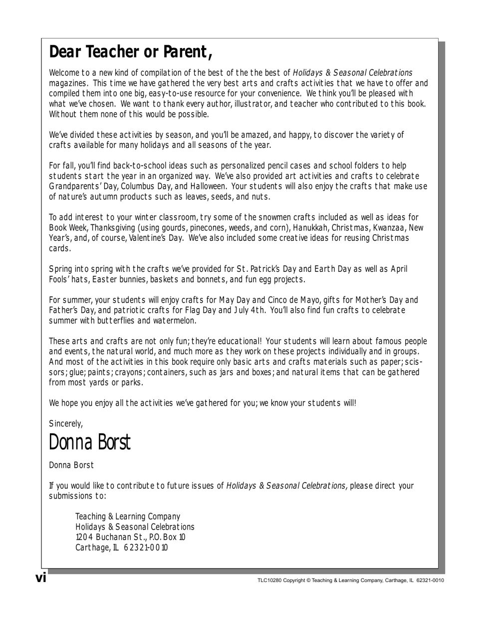 Dear Teacher or Parent letter from editor Donna Borst on how crafts are grouped by season and the basic supplies
