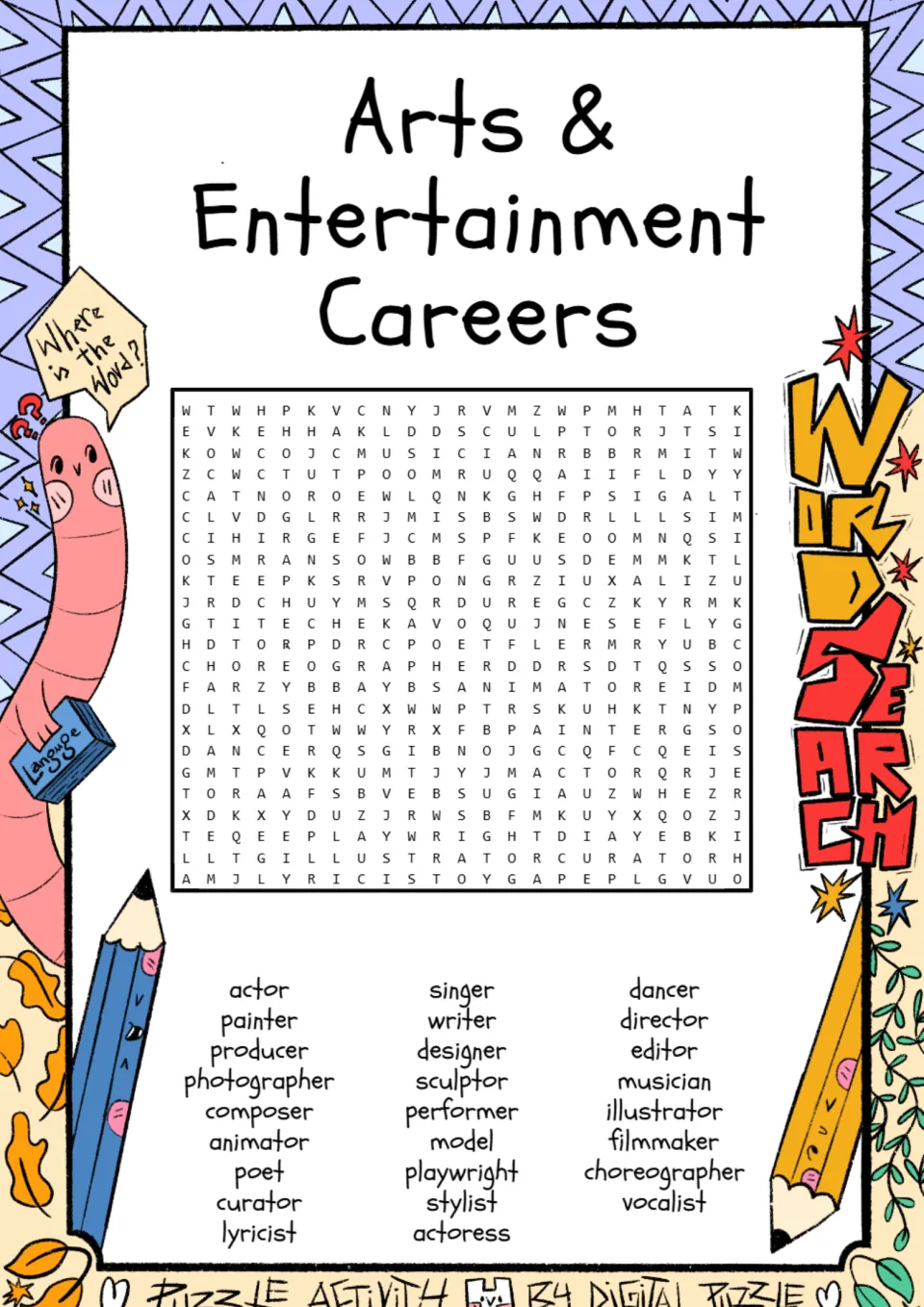 Career word search featuring 26 terms, including actor, photographer, playwright, choreographer, and vocalist