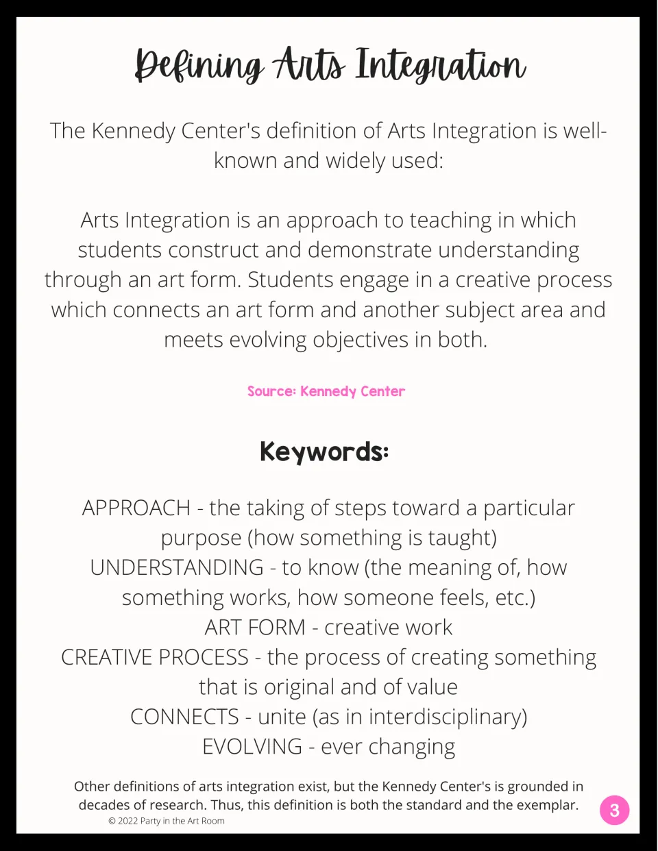 Definition page presents the Kennedy Center's arts integration definition and explains six key terms