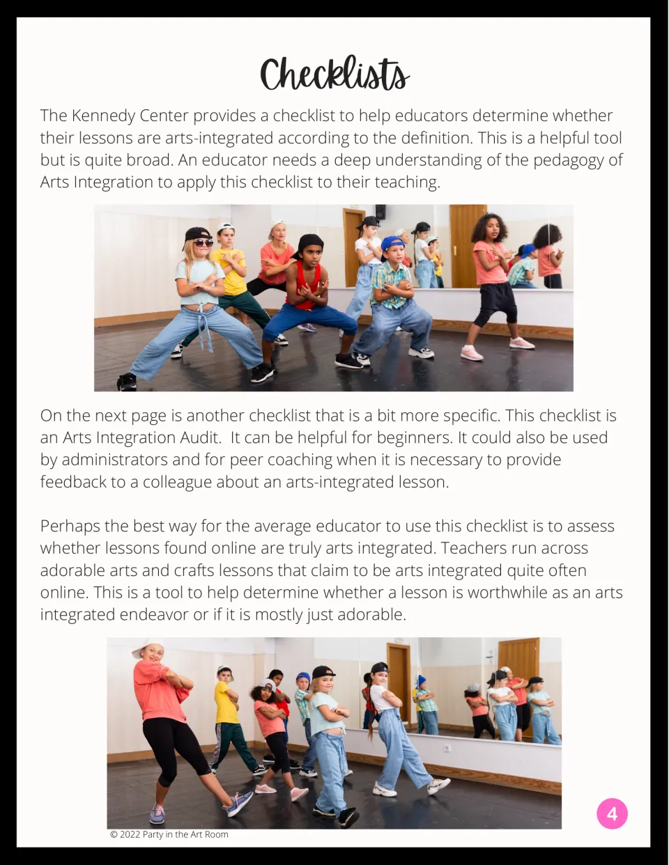 Checklist introduction explains using the arts integration audit for lesson review, feedback, and peer coaching