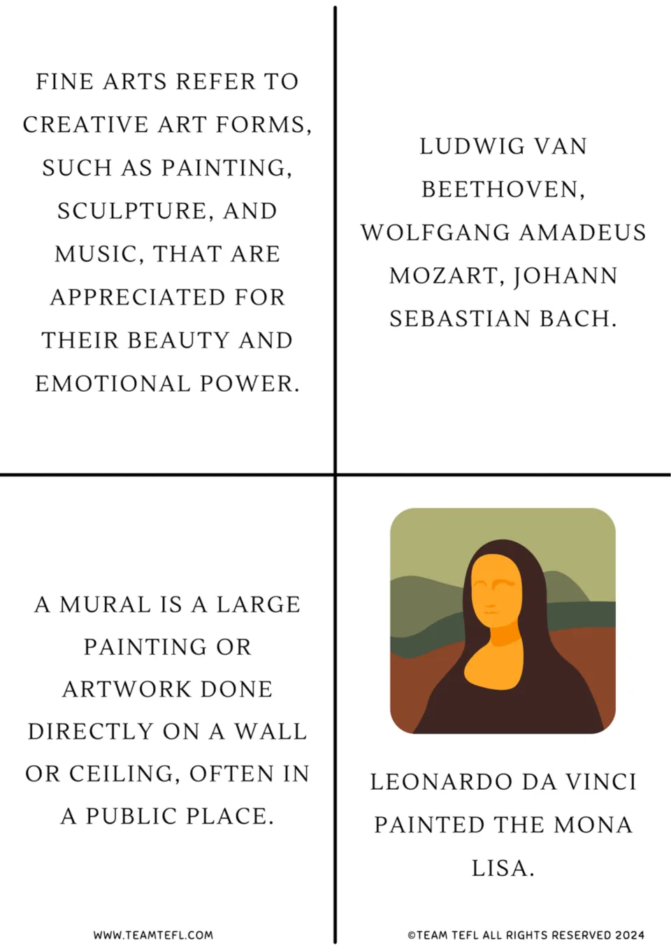 Arts cards: four statements defining fine arts and murals, naming Beethoven, Mozart, Bach and Da Vinci's Mona Lisa