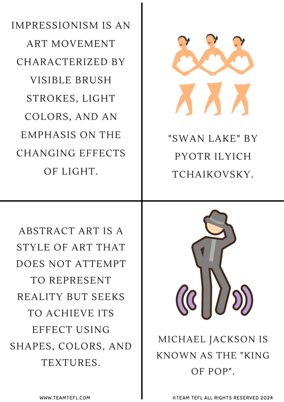 Arts cards on Impressionism, abstract art, Tchaikovsky's Swan Lake with ballerinas and Michael Jackson as the King of Pop