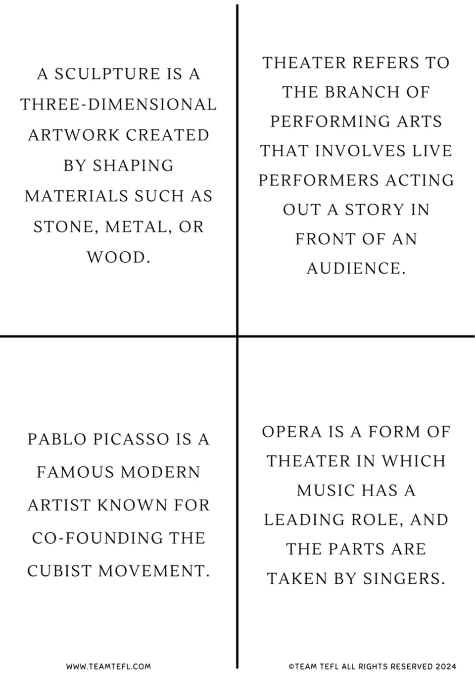 Text-only arts cards defining sculpture, theater and opera, plus Pablo Picasso as co-founder of the Cubist movement