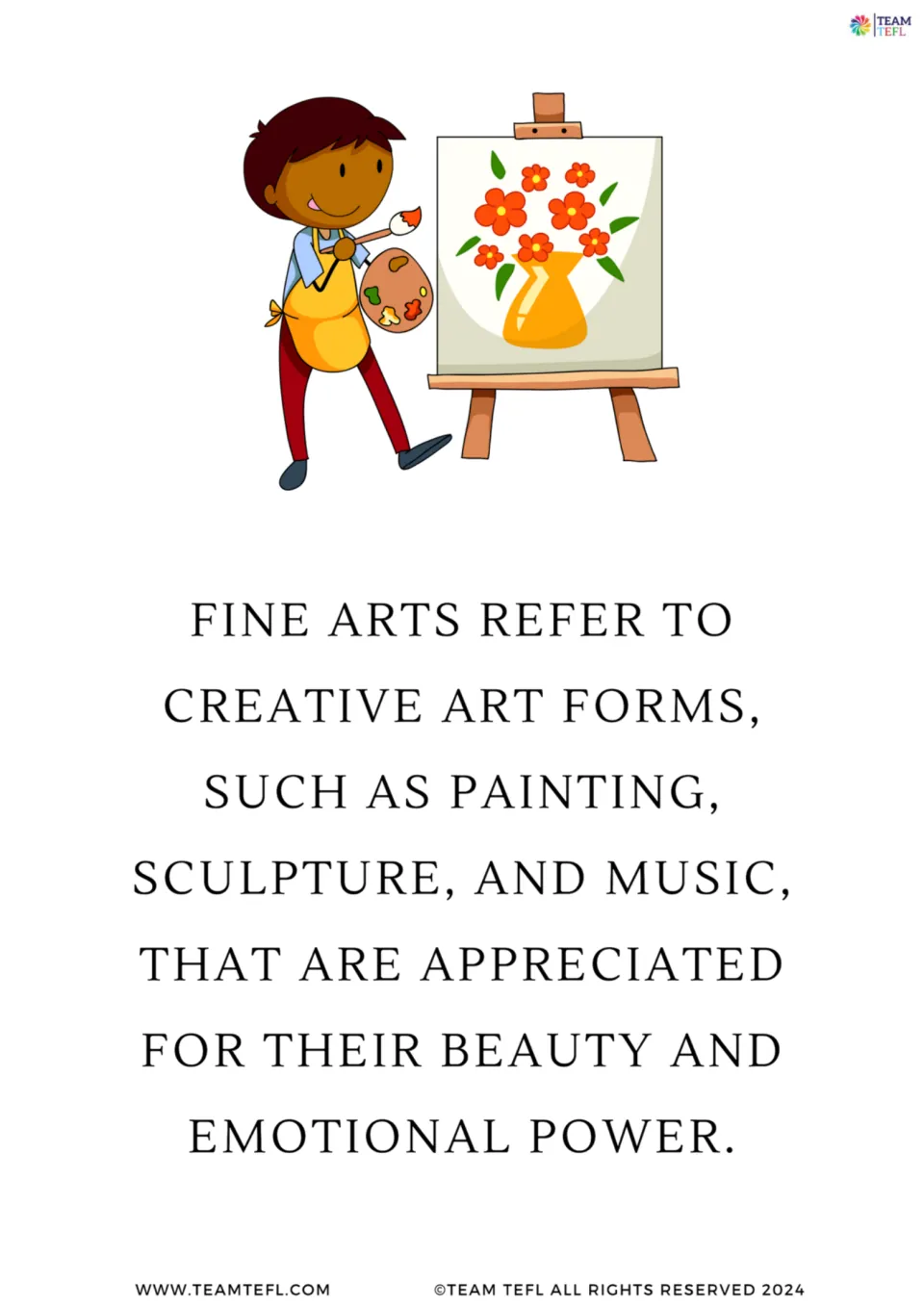 Fine arts flashcard: a boy paints flowers at an easel above a definition naming painting, sculpture and music