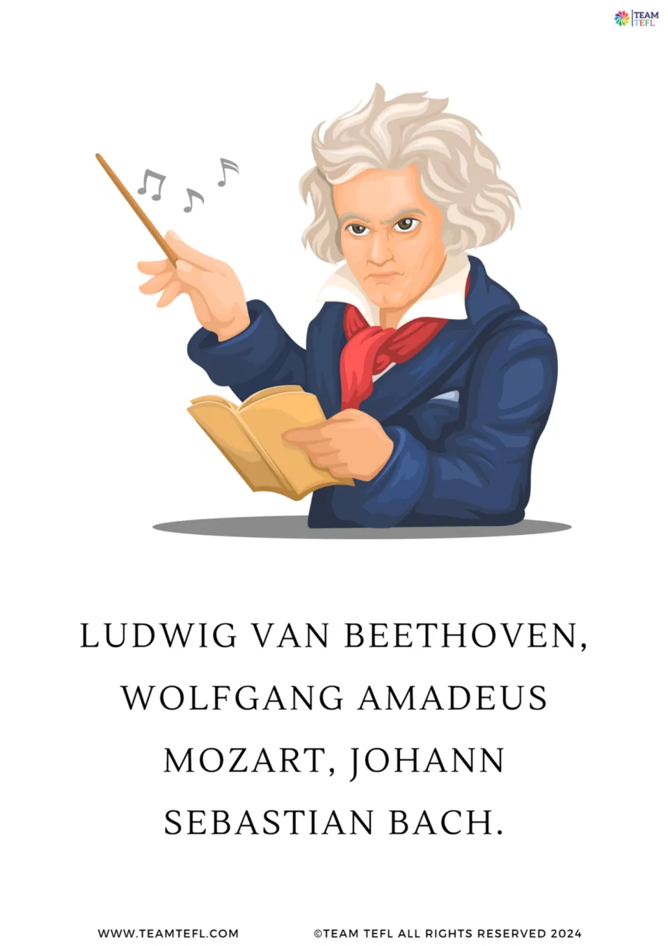 Composers flashcard: a conductor with a baton and score above the names Beethoven, Mozart and Johann Sebastian Bach