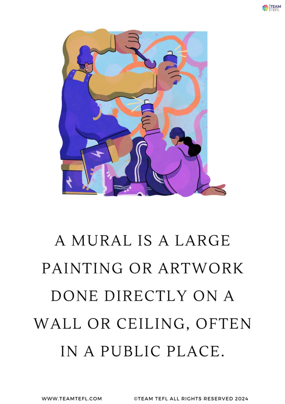 Mural flashcard: two people spray-paint bright shapes above the definition of a mural as large art on a wall or ceiling