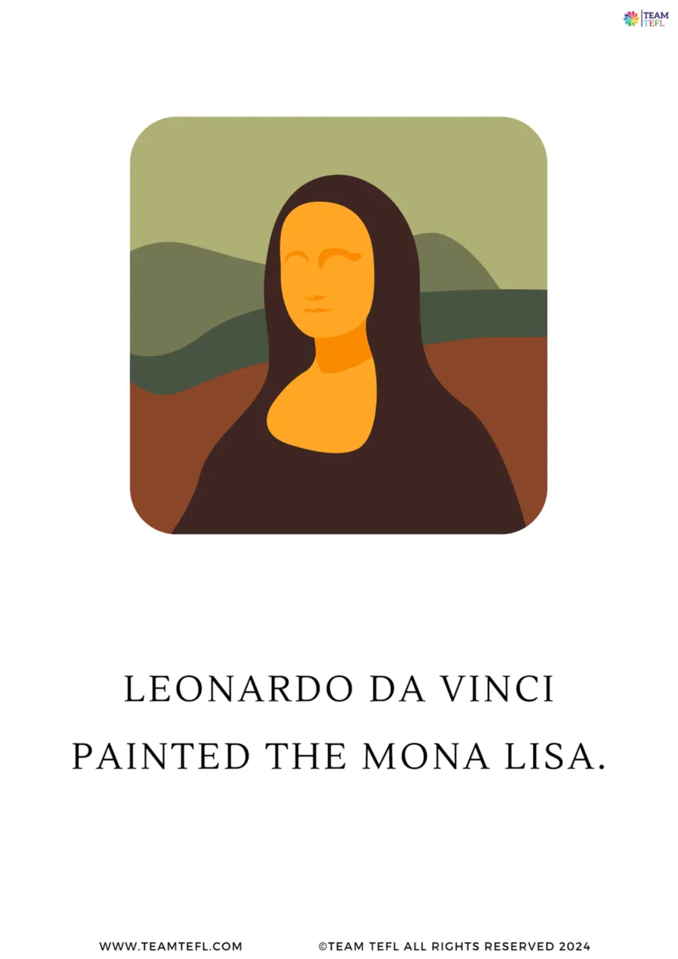 Famous painting flashcard: a simplified Mona Lisa illustration with the sentence Leonardo da Vinci painted the Mona Lisa