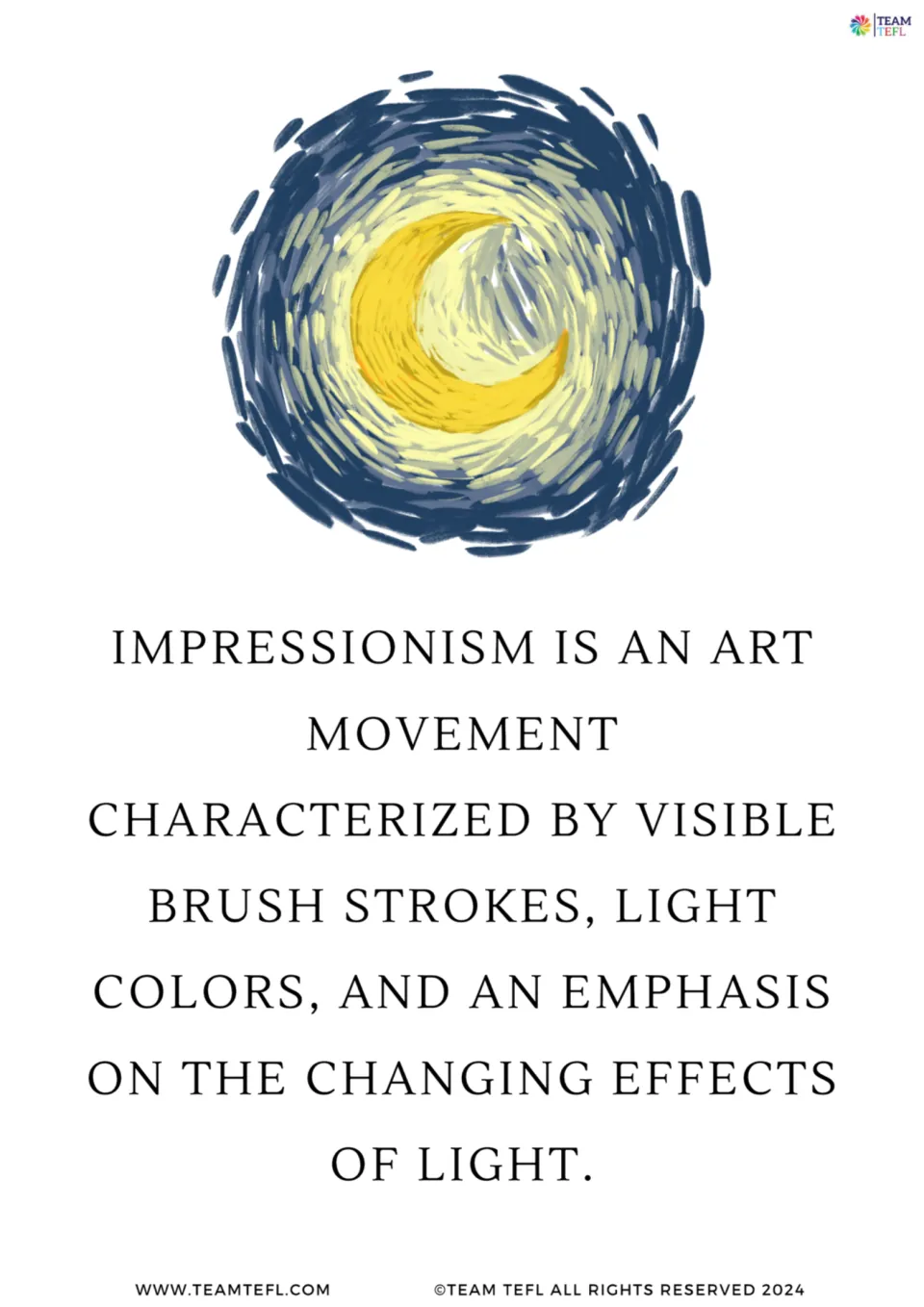 Impressionism flashcard: a swirling brushstroke crescent moon above a definition citing visible brush strokes and light