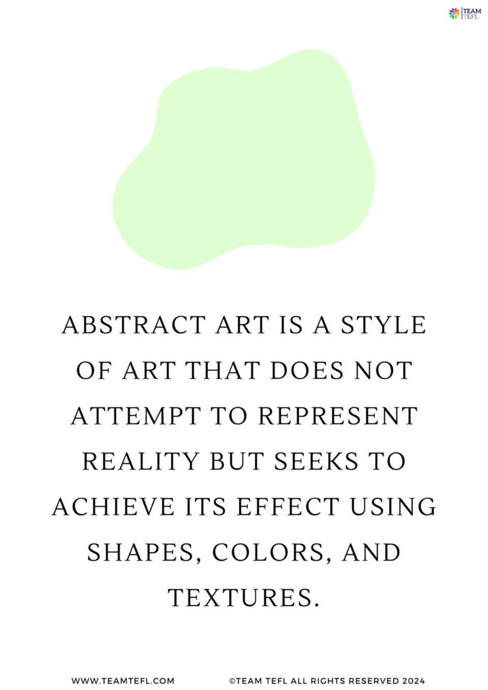 Abstract art flashcard: a pale green shape above a definition of art that uses shapes, colors and textures, not reality