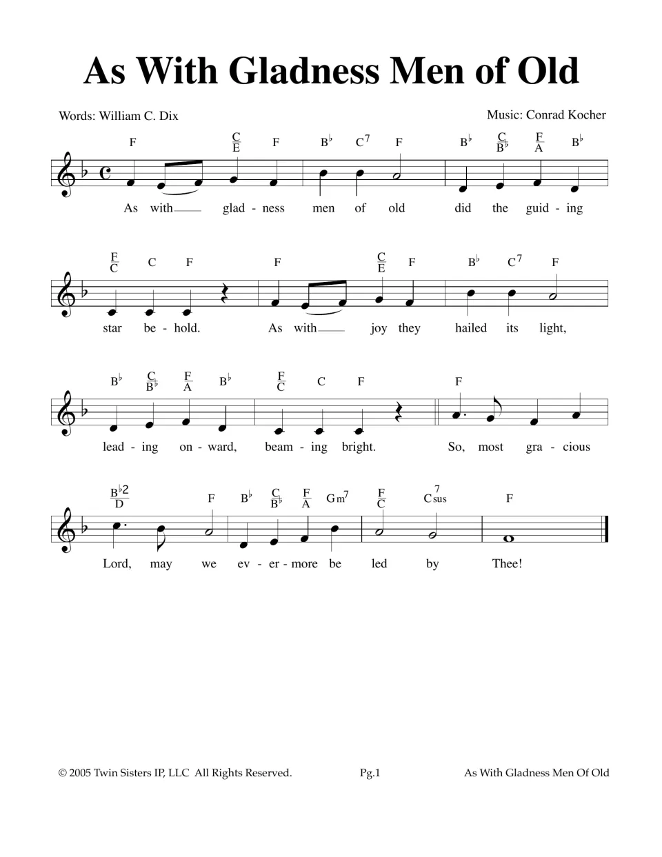 As With Gladness Men of Old lead sheet: melody in F with Dix's lyrics and chord symbols for singing or playing