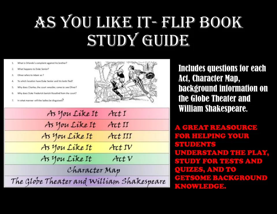 As You Like It flip book study guide cover: questions per act, character map, Globe Theater and Shakespeare background