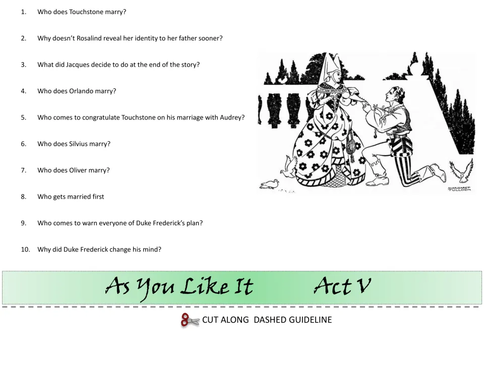 Act V comprehension cut-out piece: 10 questions on who marries whom, Rosalind's reveal, Jacques' choice and Duke Frederick