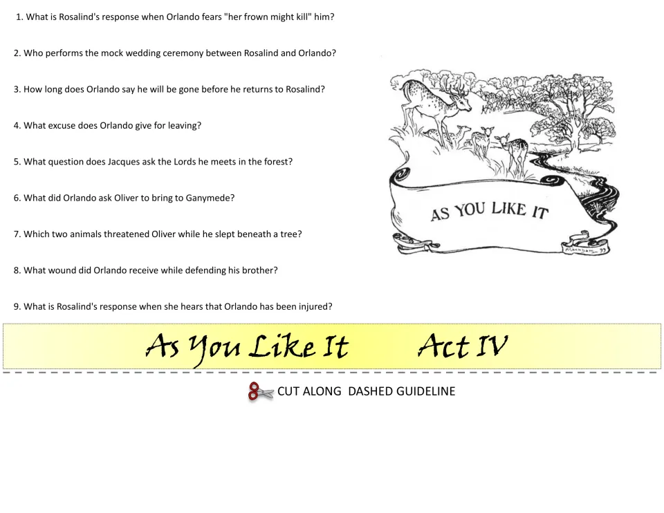 Act IV comprehension cut-out piece: 9 questions on the mock wedding, Orlando's absence and his rescue of Oliver from animals