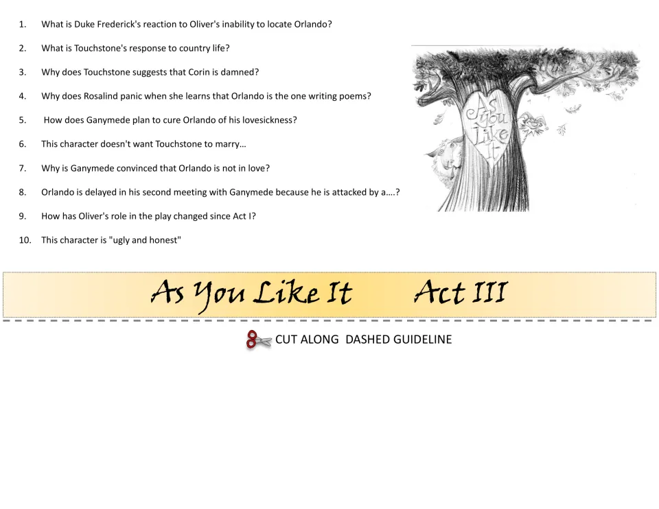 Act III comprehension cut-out piece: 10 questions on Touchstone and country life, Orlando's poems and Ganymede's love cure