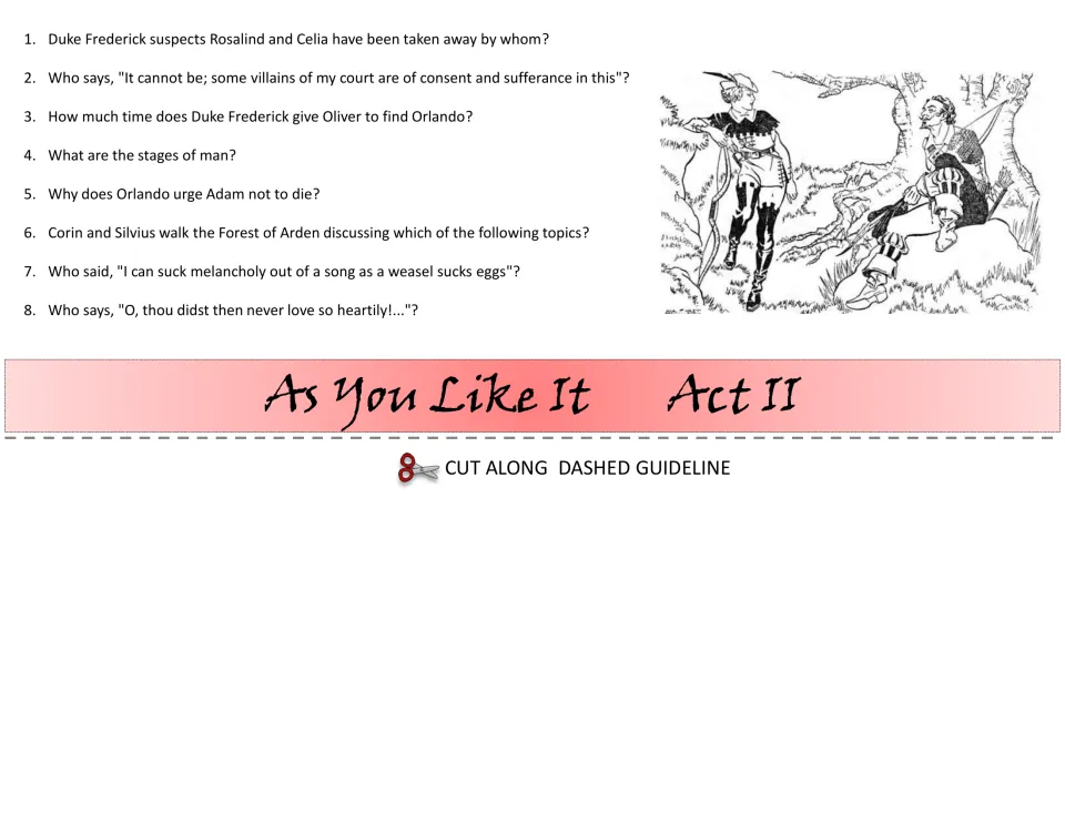 Act II comprehension cut-out piece: 8 questions on Duke Frederick's search, the stages of man, Adam and speaker quotes