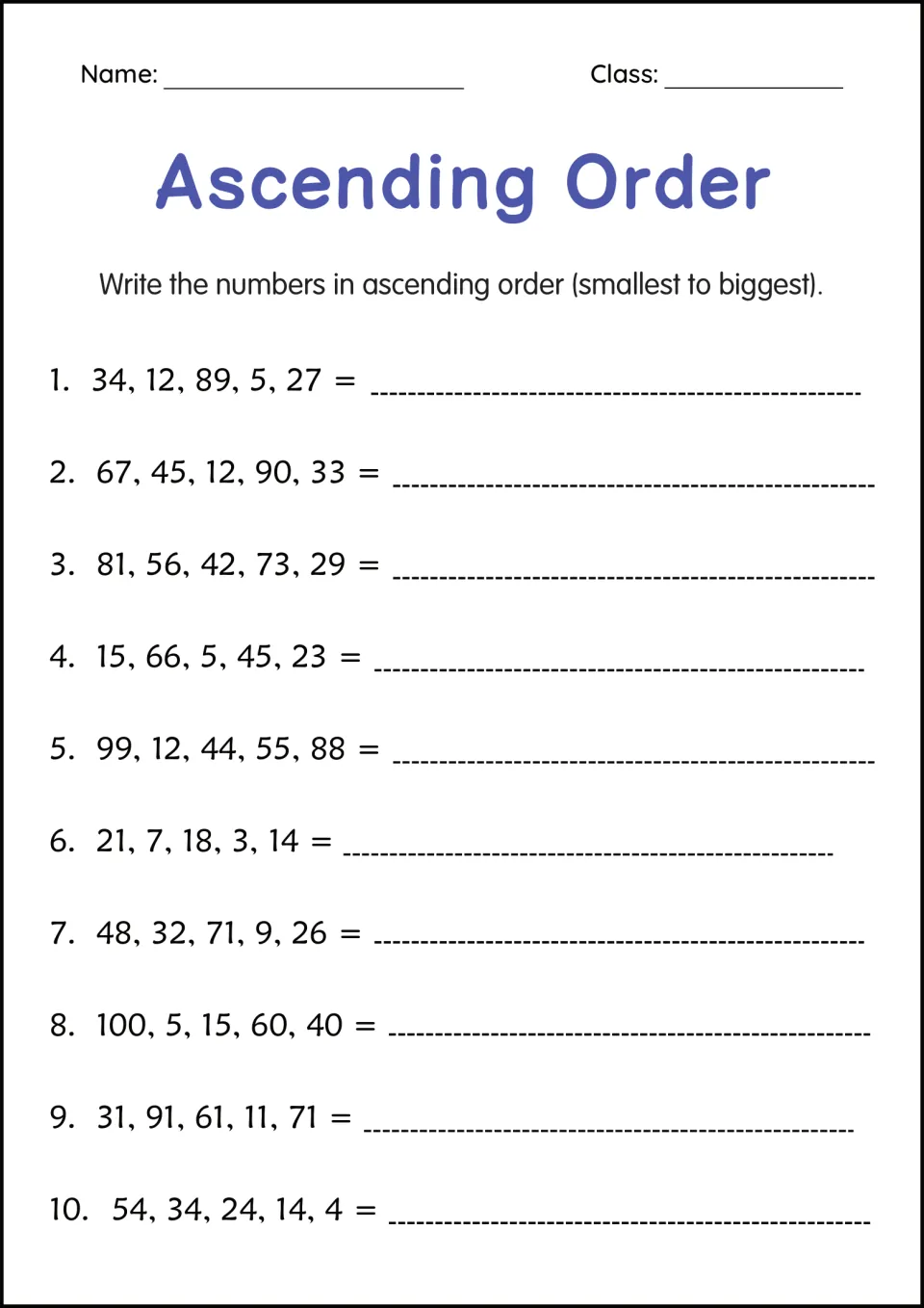 Ascending order with numbers up to 100: students rewrite 10 sets of five numbers from smallest to biggest