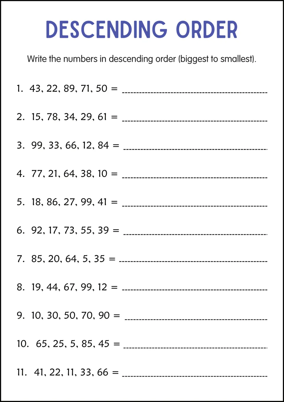 Descending order with numbers up to 99: students rewrite 11 sets of five numbers from biggest to smallest