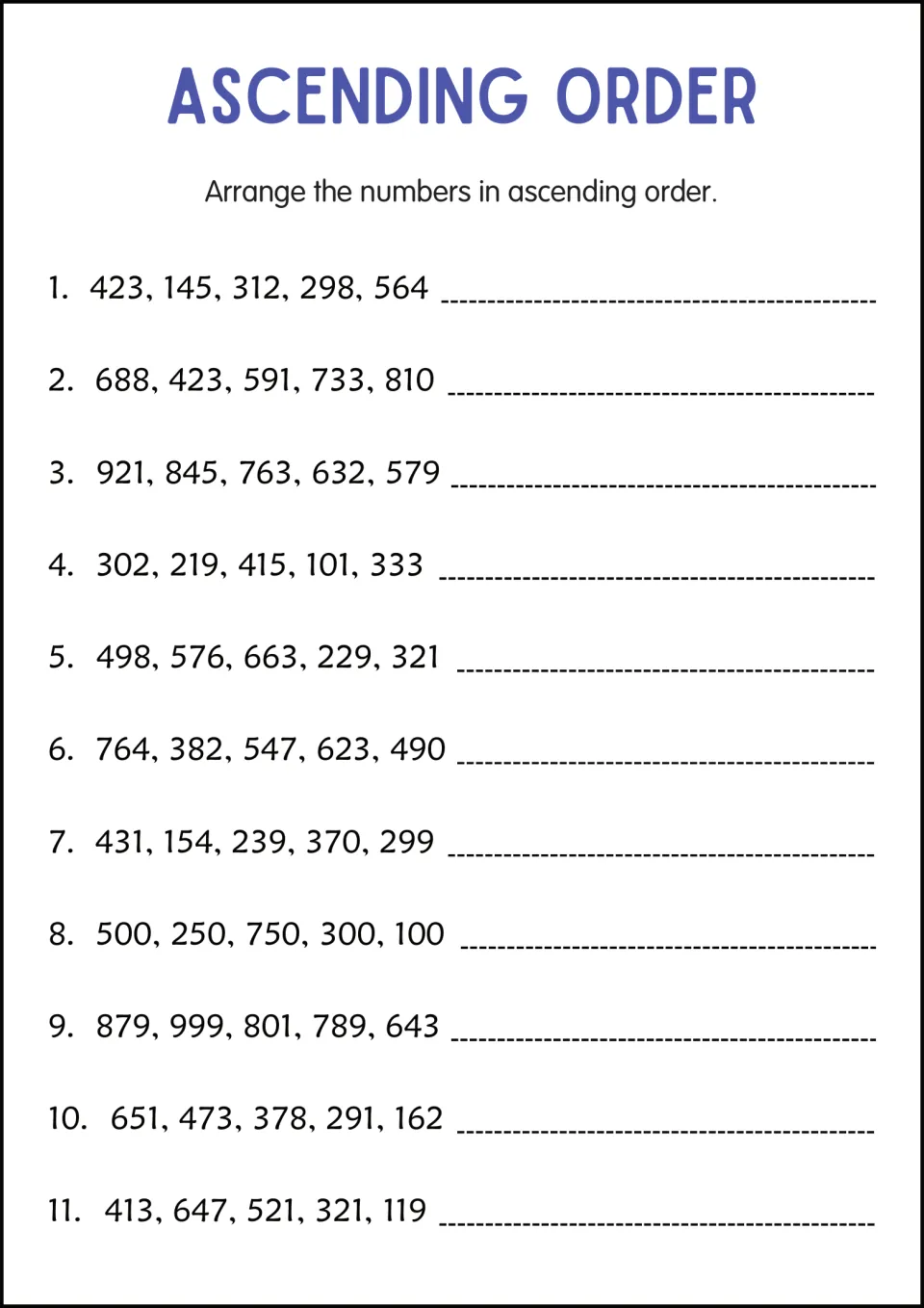 Ascending order with three-digit numbers: students arrange 11 sets such as 423, 145, 312, 298, 564 from least to greatest