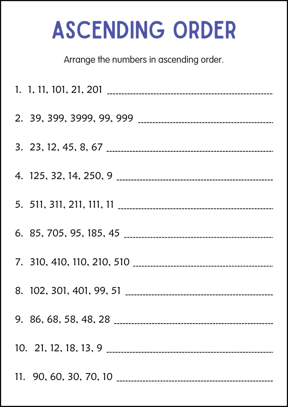 Ascending order with numbers from 1 to 3999: students compare place value in sets such as 1, 11, 101, 21, 201