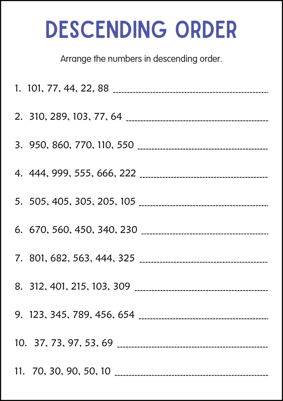 Descending order, two- and three-digit numbers: students reorder 11 sets such as 101, 77, 44, 22, 88, greatest to least