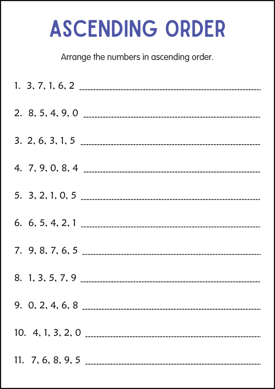 Ascending order with single digits 0 to 9: students arrange 11 sets such as 3, 7, 1, 6, 2, least to greatest