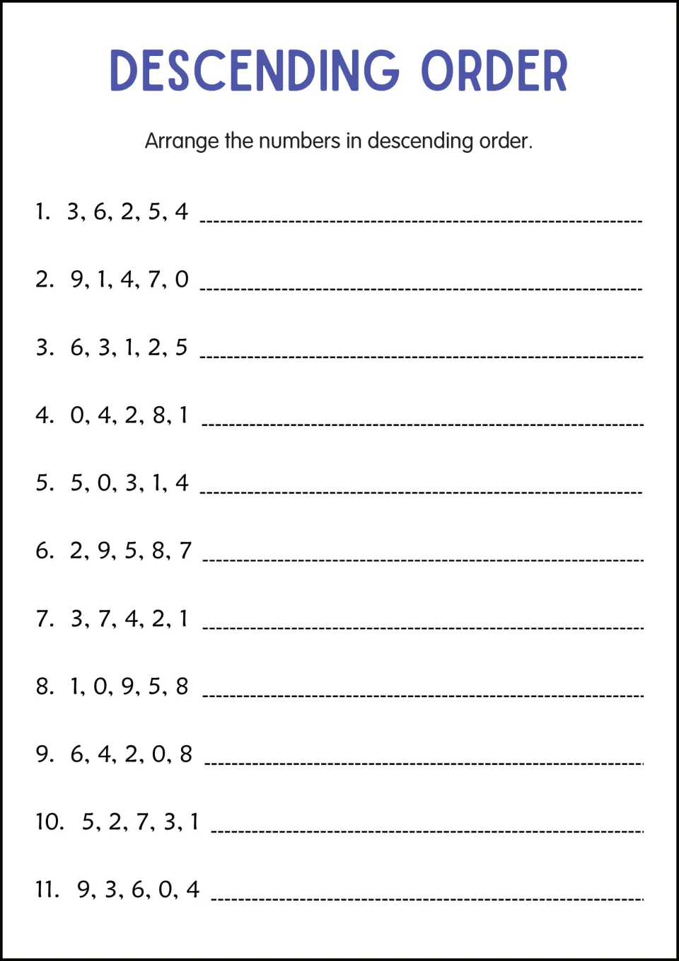 Descending order with single digits 0 to 9: students reorder 11 sets such as 9, 1, 4, 7, 0 from greatest to least