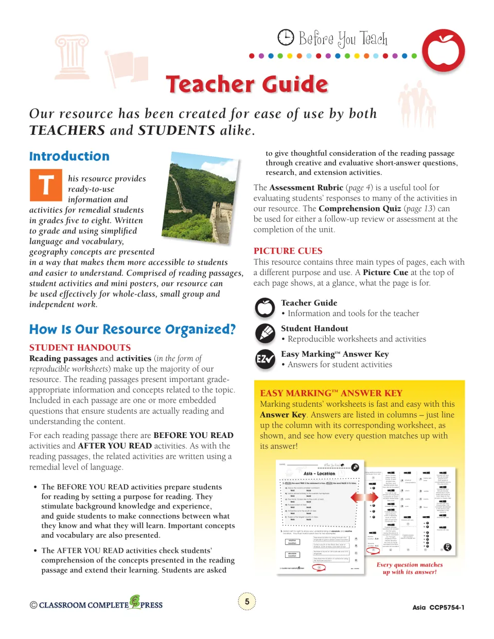 Teacher guide: how the resource is organized, before and after you read activities, picture cues and answer key