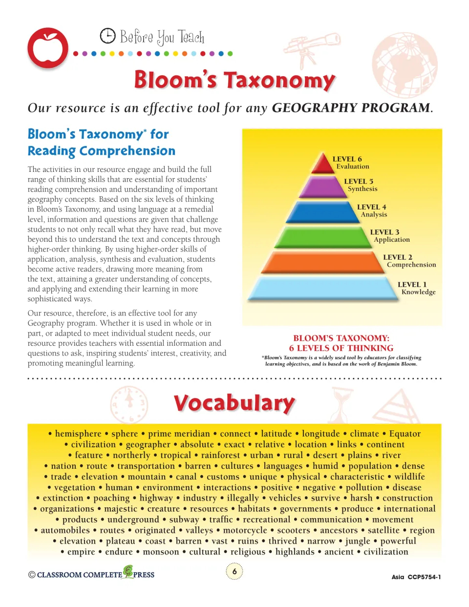 Bloom's Taxonomy pyramid of six thinking levels and the vocabulary list: hemisphere, latitude, monsoon and more