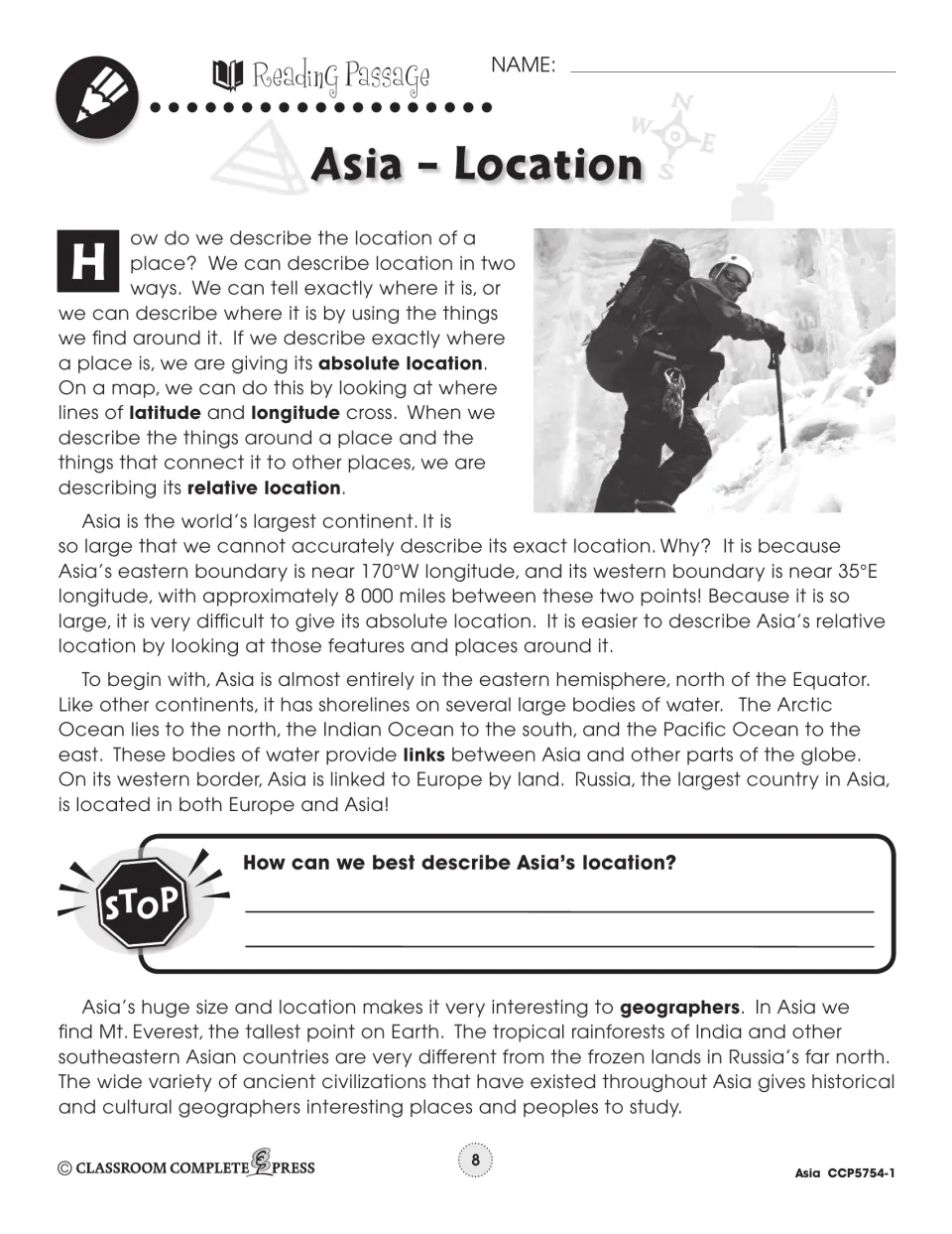 Reading passage on absolute and relative location, Asia's size, its bordering oceans, with a STOP question