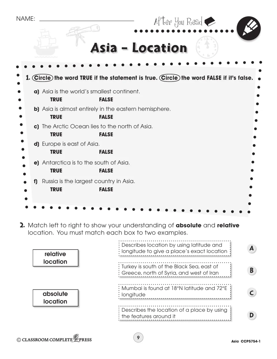 After You Read: six true-or-false statements about Asia's location and absolute vs. relative location matching