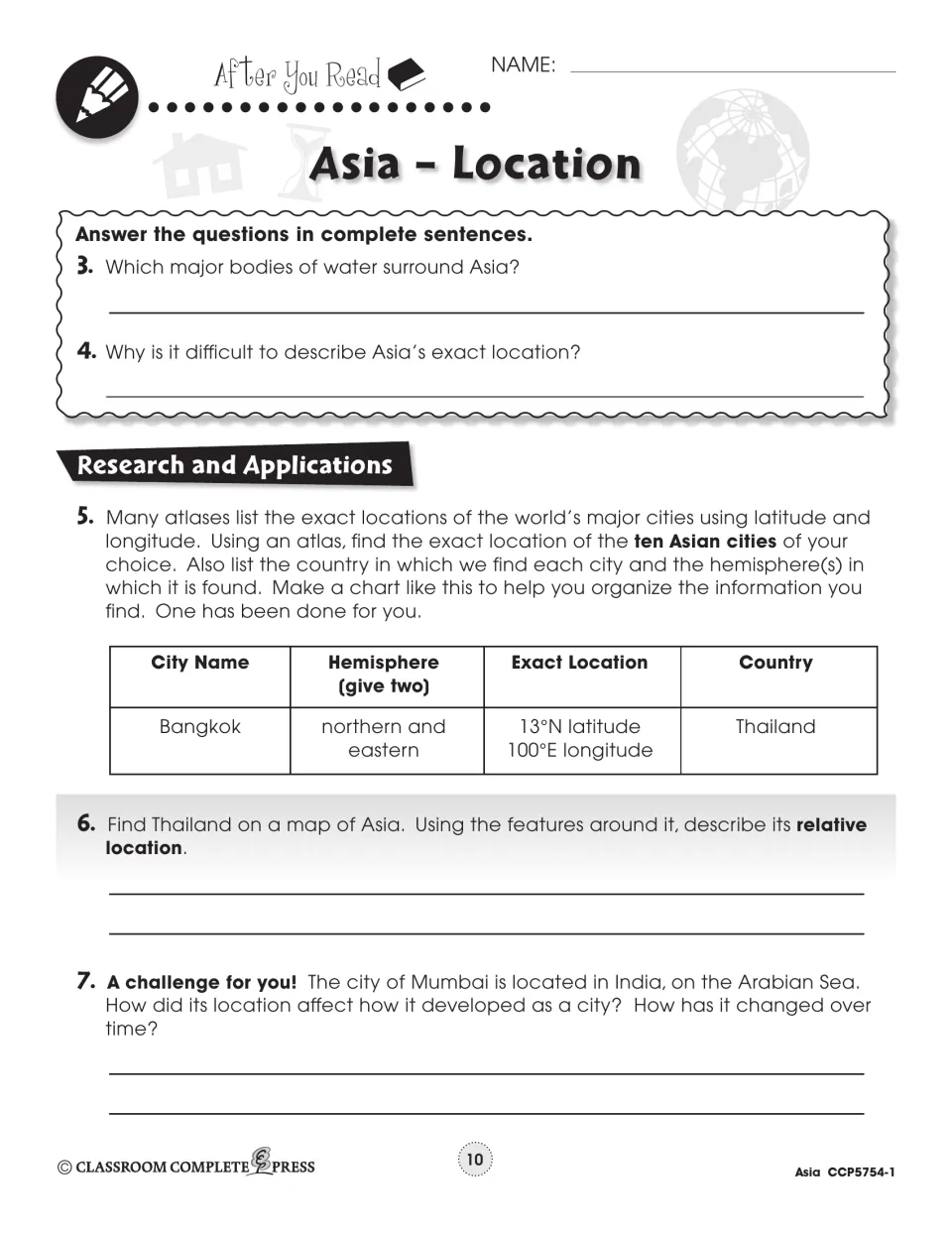 After You Read questions 3–7: bodies of water around Asia, a ten-city atlas chart, Thailand and Mumbai