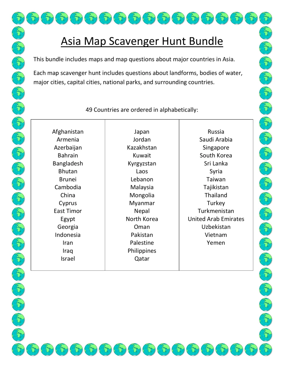 Bundle overview listing 49 countries from Afghanistan to Yemen and map topics such as cities and landforms