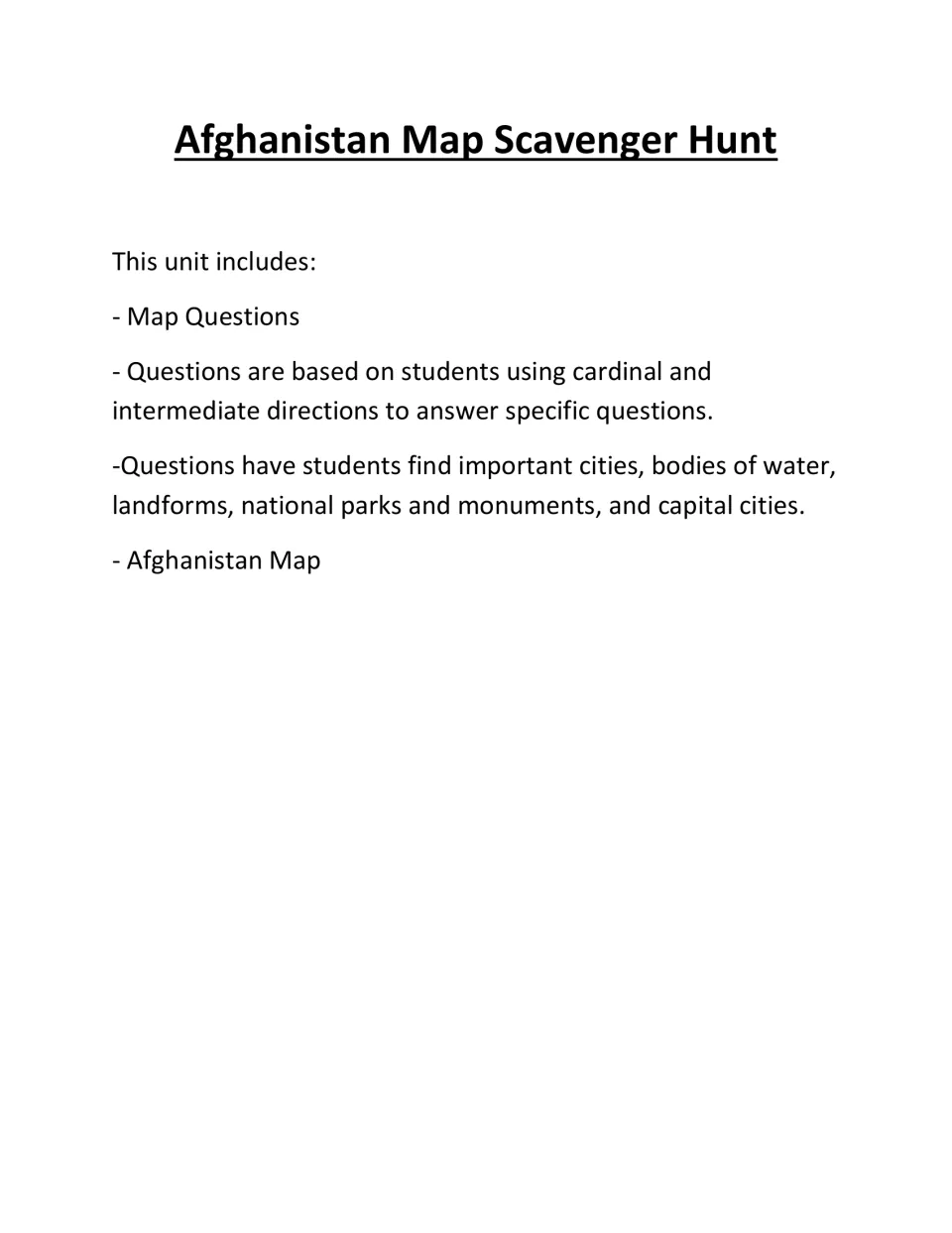 Afghanistan unit introduction outlining map questions using cardinal and intermediate directions to locate places