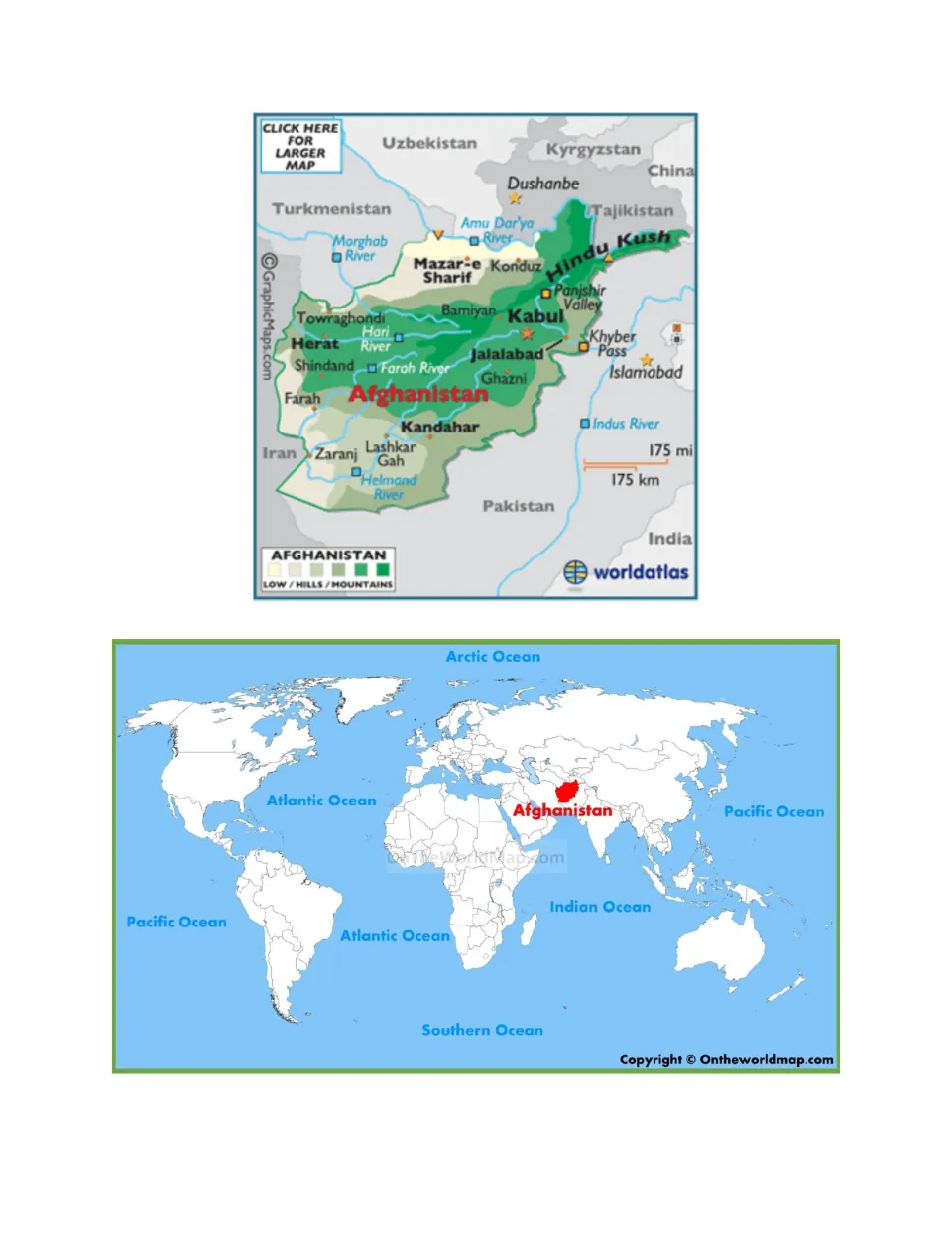 Afghanistan reference maps showing cities, rivers, mountains, neighboring countries, and its world location