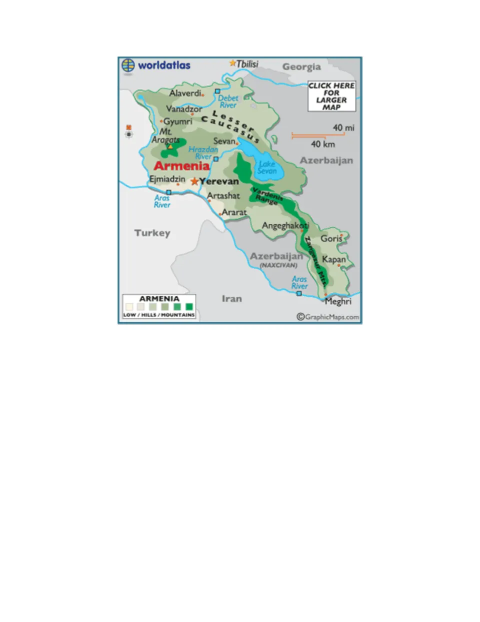 Armenia reference map for the scavenger hunt, labeling Yerevan, Lake Sevan, mountains, and neighboring countries
