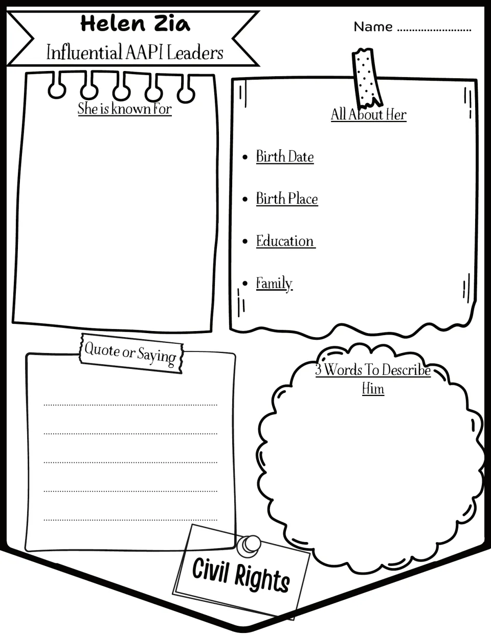 Helen Zia biography research: students explain what she is known for, add life facts and copy a quote or saying by her