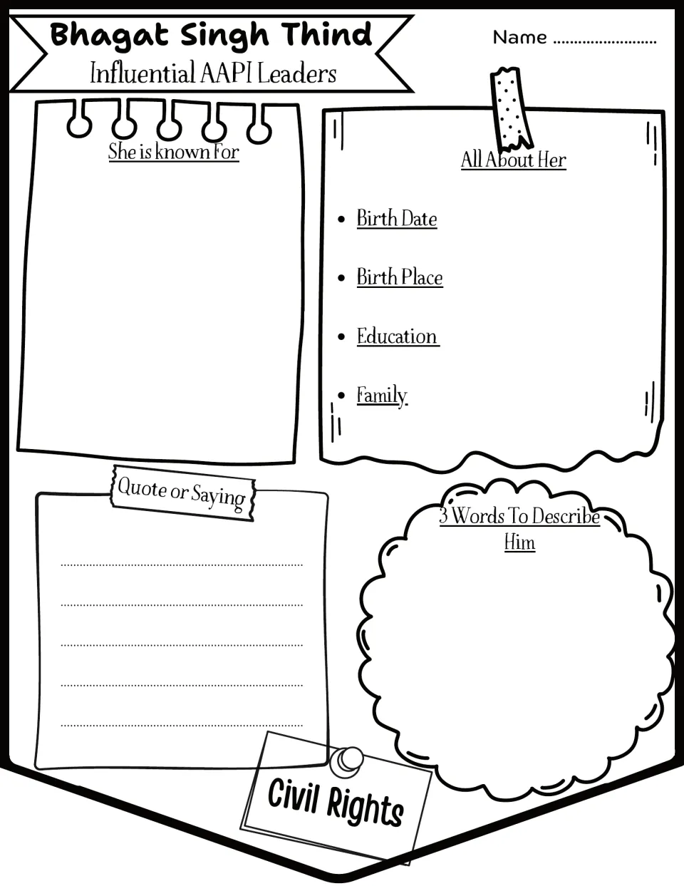 Bhagat Singh Thind profile sheet: students research his life, list what he is known for and choose three words for him