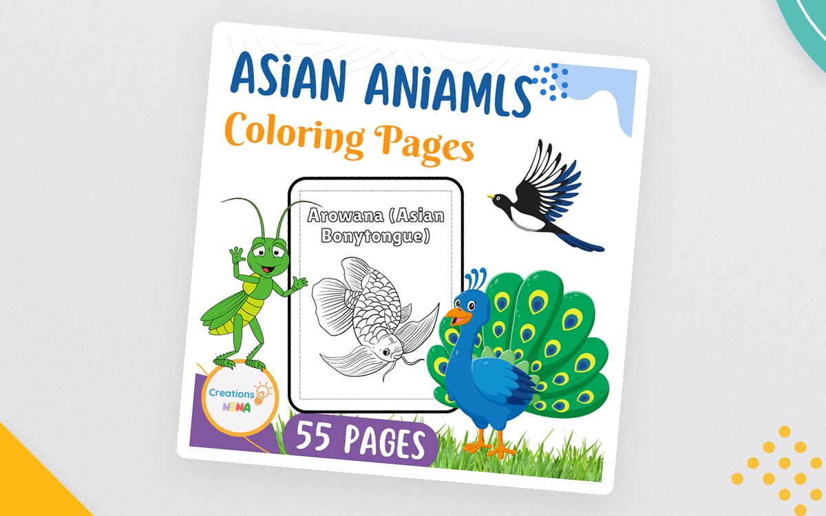 Asian Animals Coloring Pages cover with a peacock, ant, bird and a sample Asian arowana coloring page