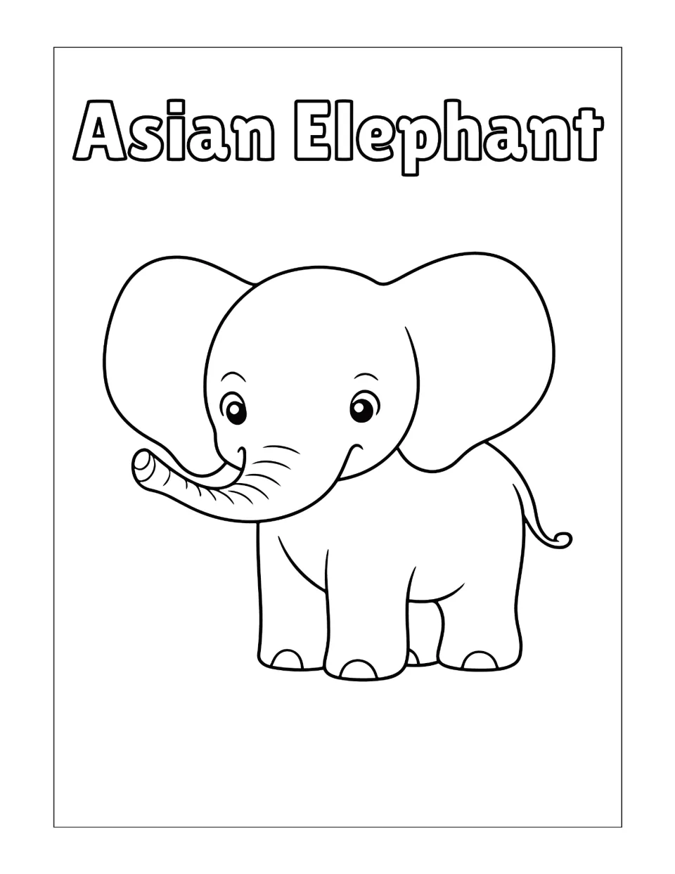 Cartoon Asian elephant calf: students color a smiling baby elephant with a curled trunk and big ears in simple outlines