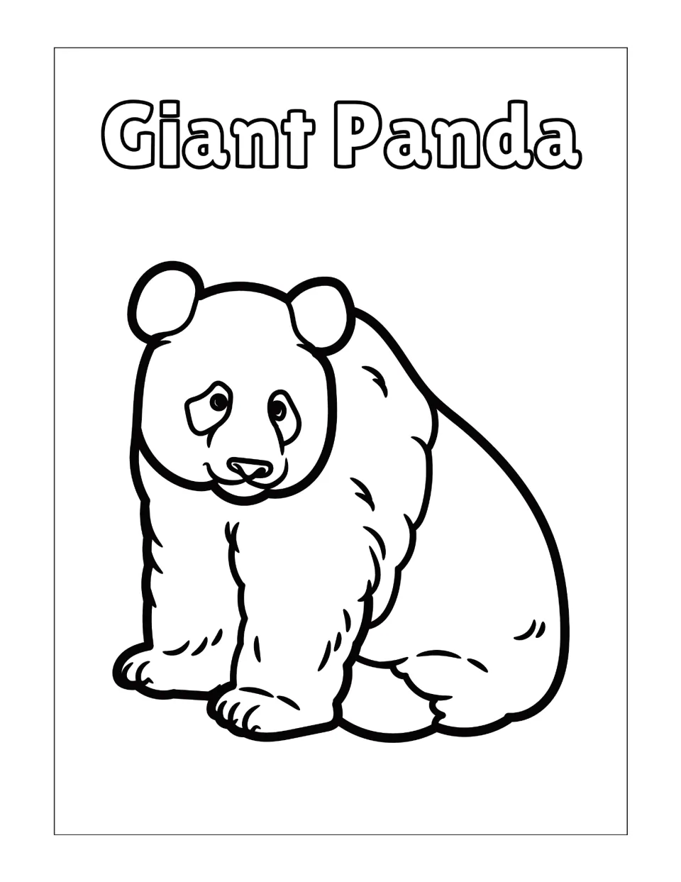 Giant panda coloring page: students color a seated, realistic-style panda with fur details, eyes glancing sideways