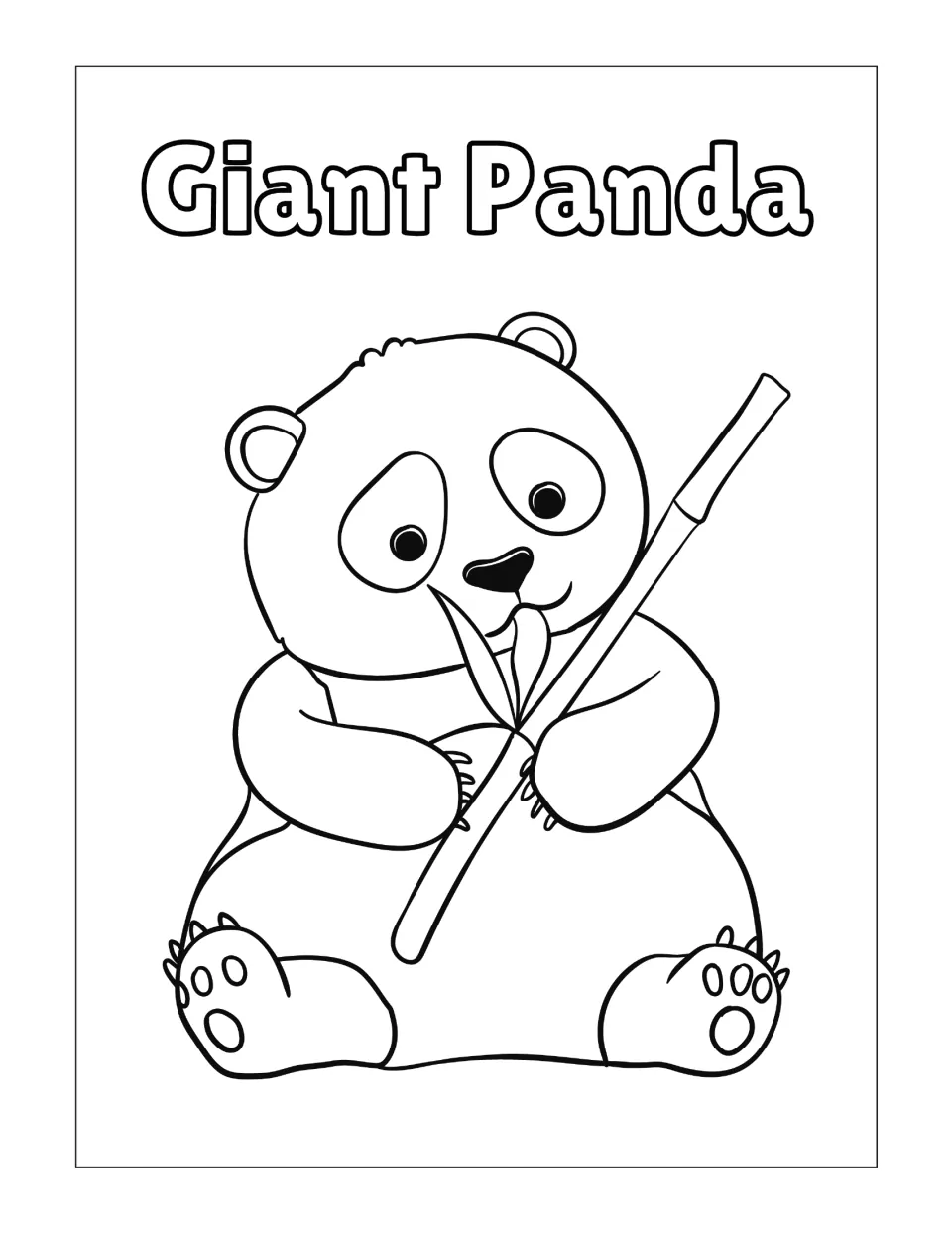Giant panda eating bamboo: students color a cartoon panda sitting and chewing leaves from a long bamboo stalk
